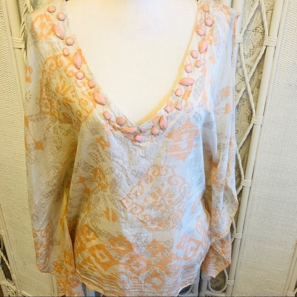 Forever 21 Top Silk Ivory and Coral Beaded Kimono Sleeve Deep Vneck Cover Up - Picture 2 of 12